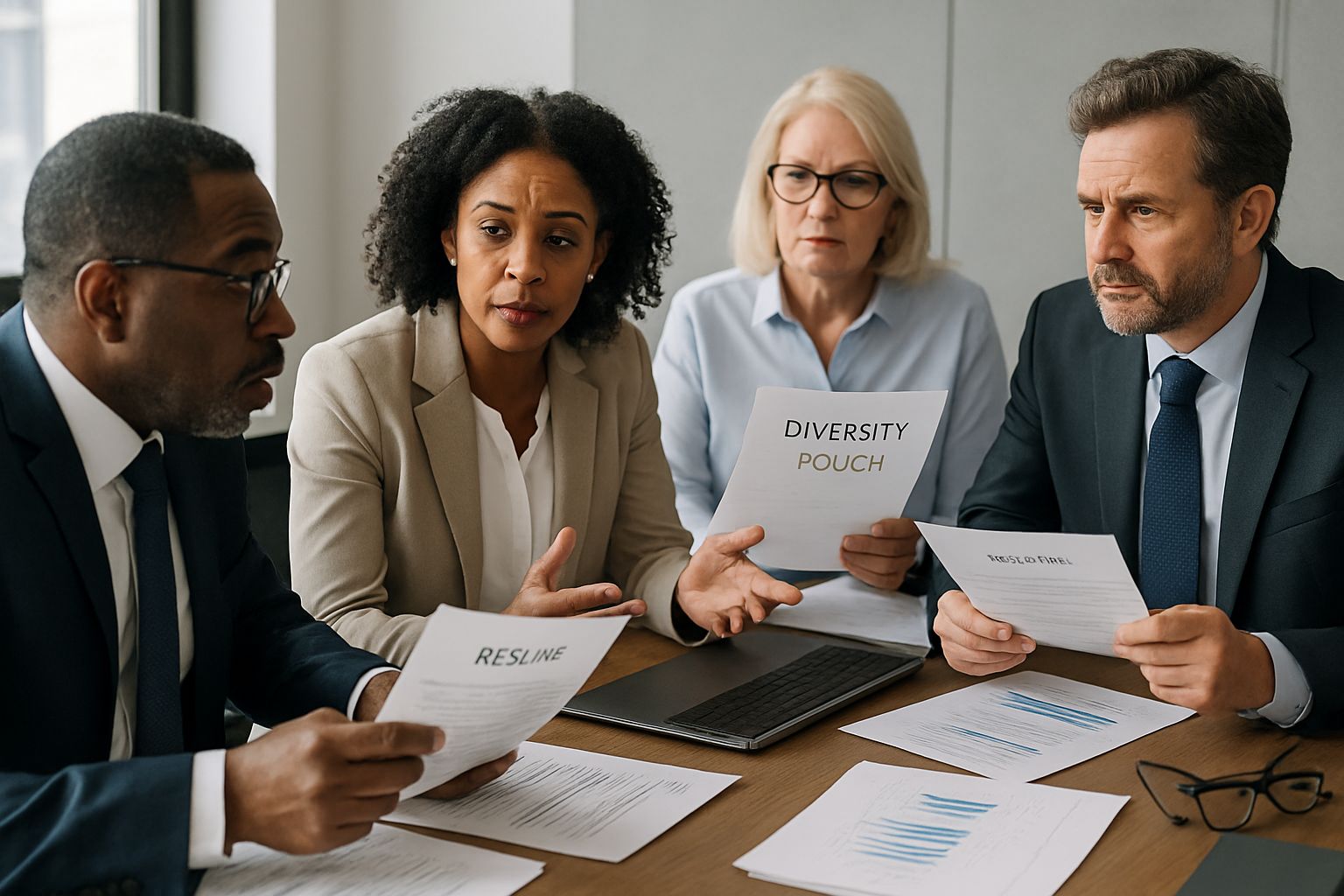 HR managers analyzing Recruitment Bias compliance during hiring discussions in conference room.