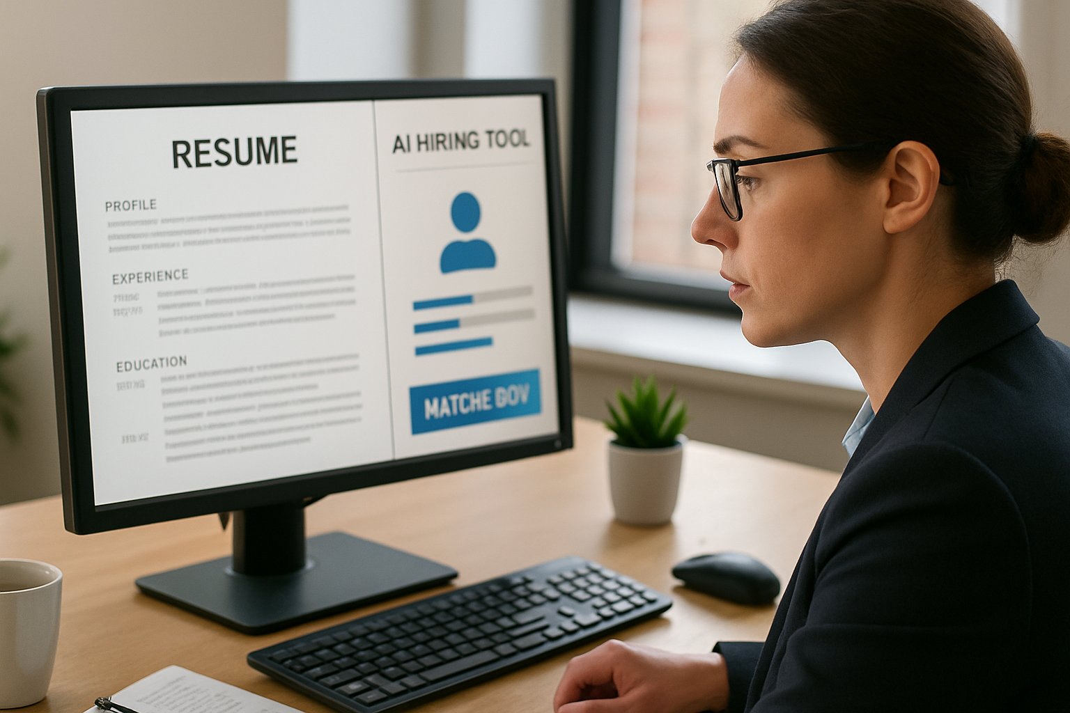 HR manager uses AI hiring tool while considering discrimination claims compliance.
