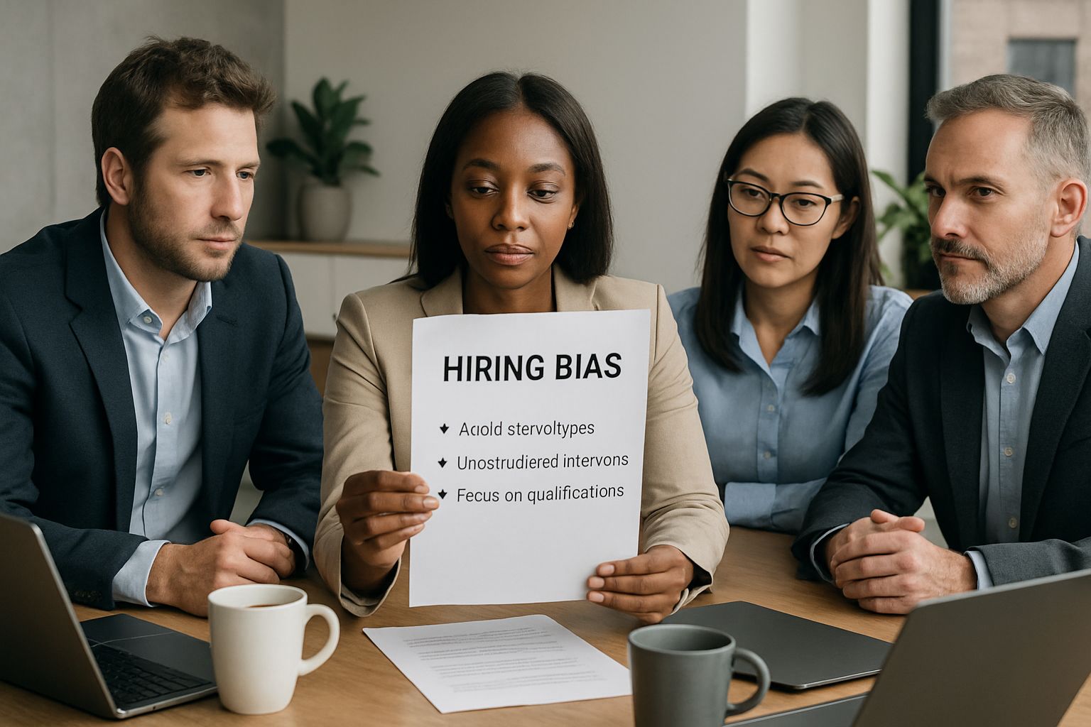 HR team examines Hiring Bias policy during office meeting.