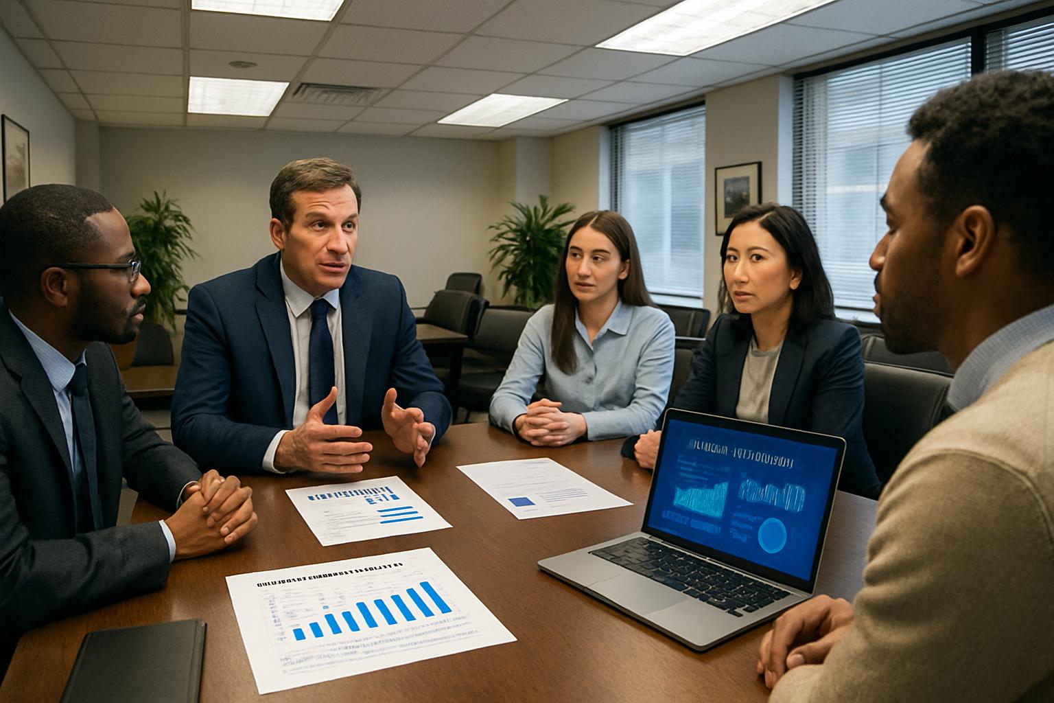 HR team discussing Management Role Displacement risks and adaptation illustrated in a corporate setting.