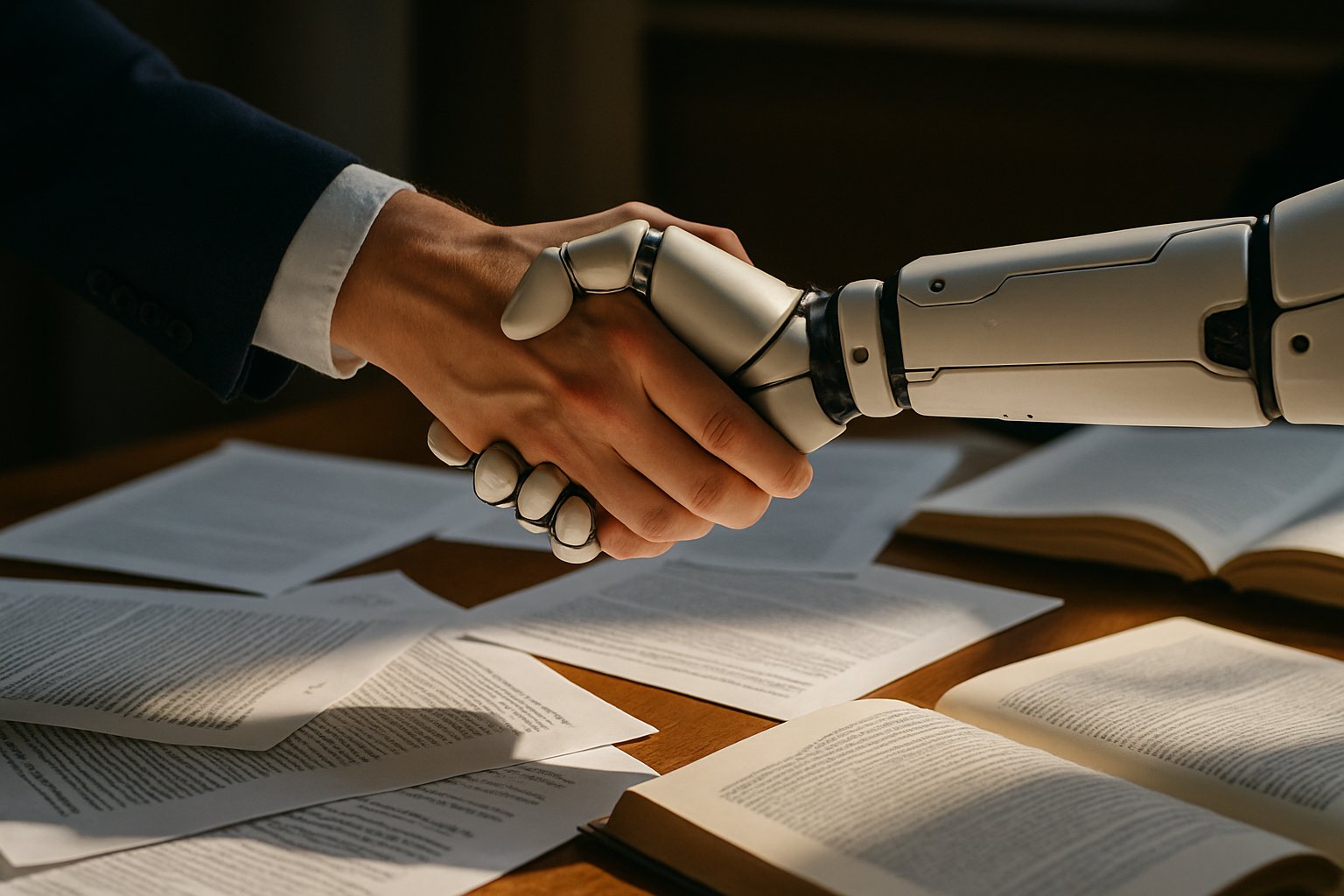 Human and robotic hands shaking in context of Theoretical Ethics Debate.