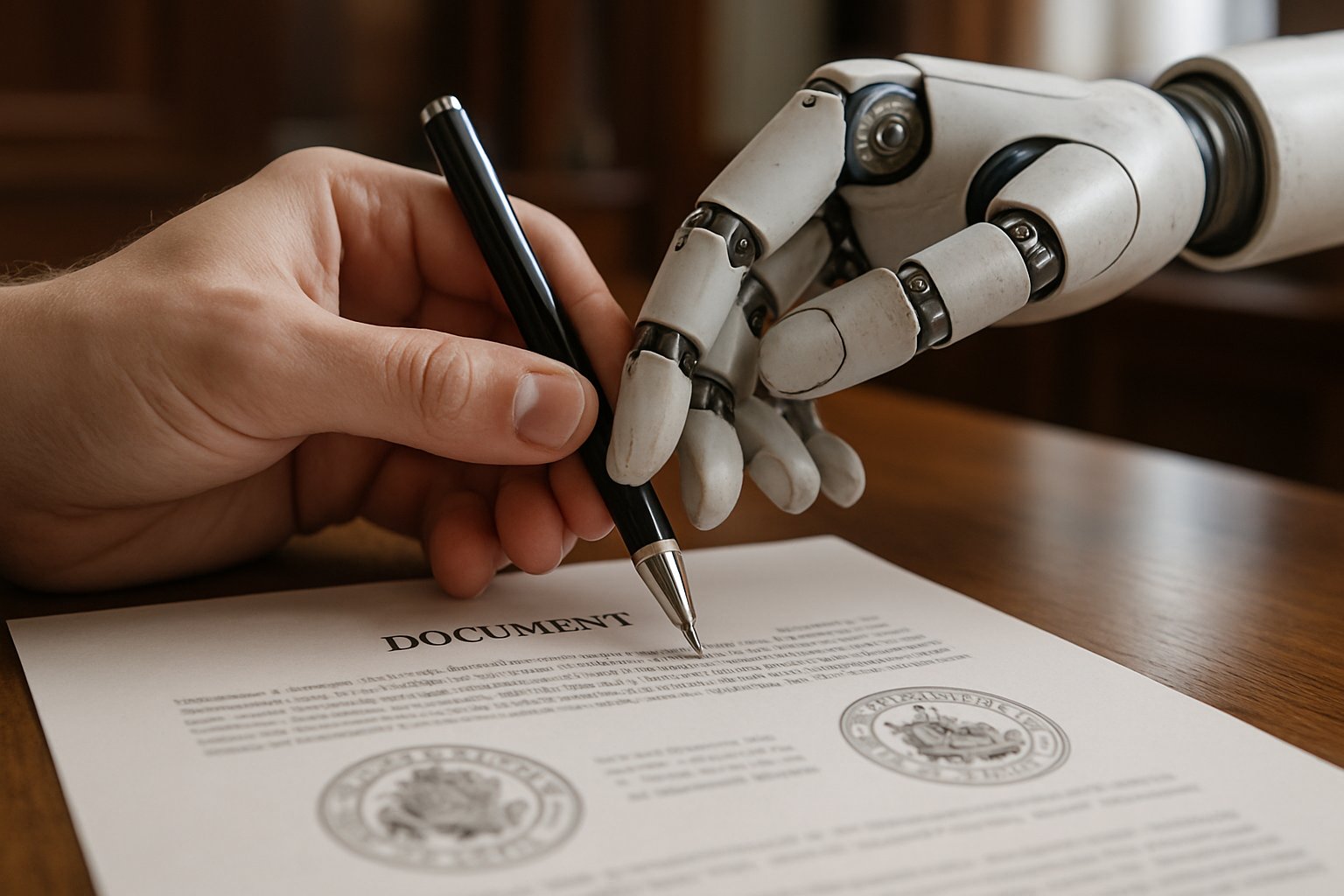 Political Automation Risk illustrated by human and robot hands drafting law.
