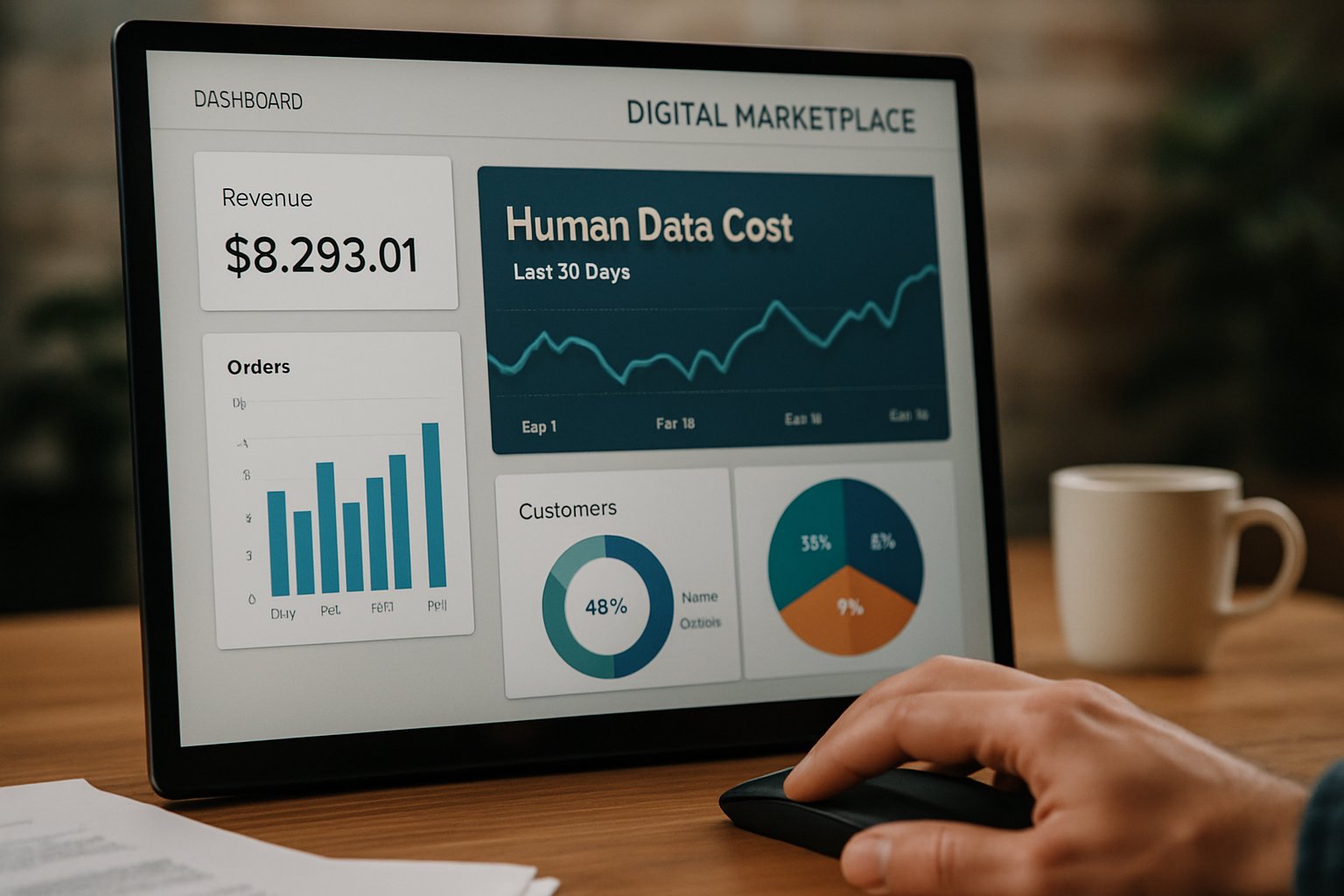 Analytics dashboard showing Human Data Cost trends in licensed AI identity marketplace.