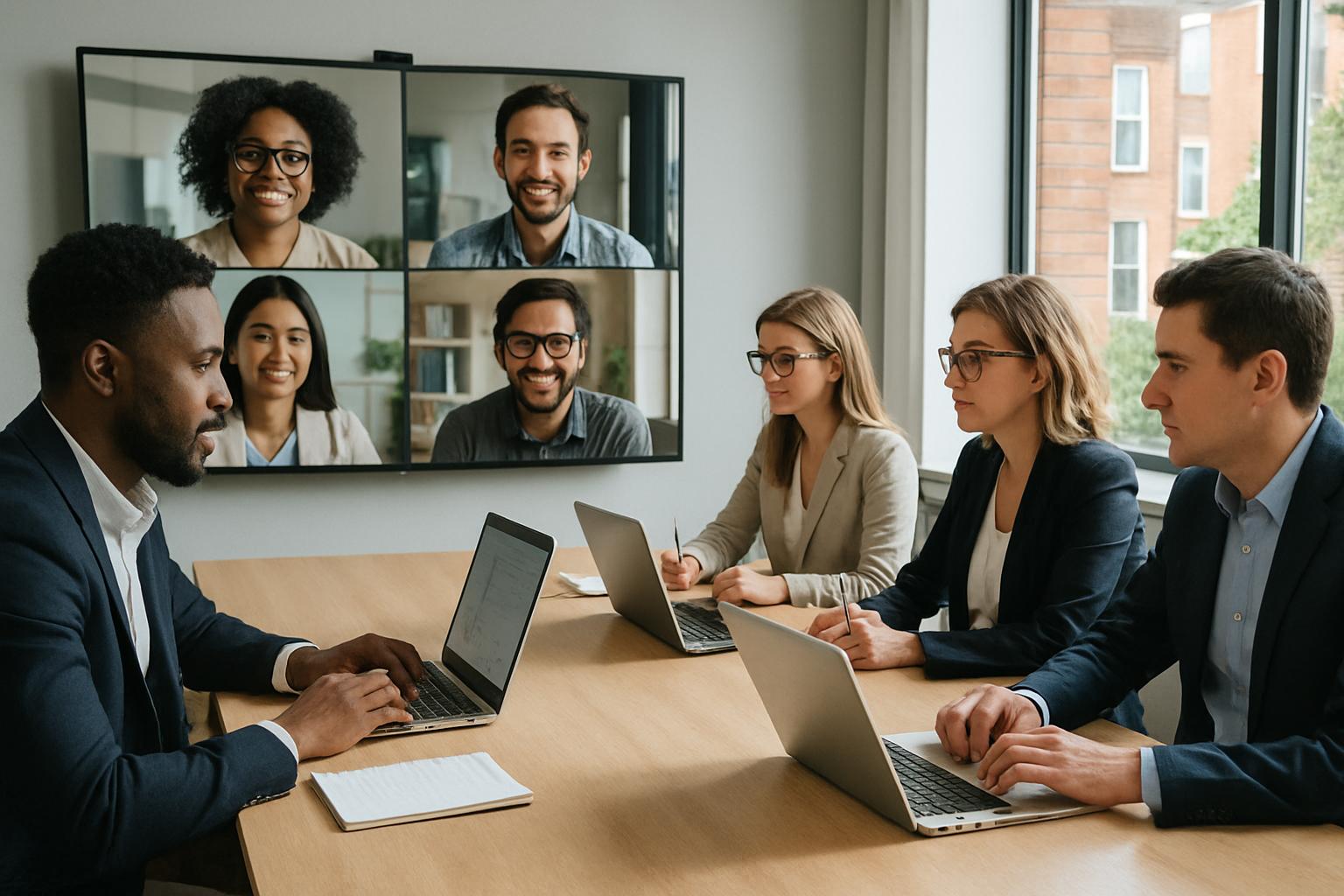 Knowledge Workforce Shift depicted by hybrid in-person and remote consulting collaboration.