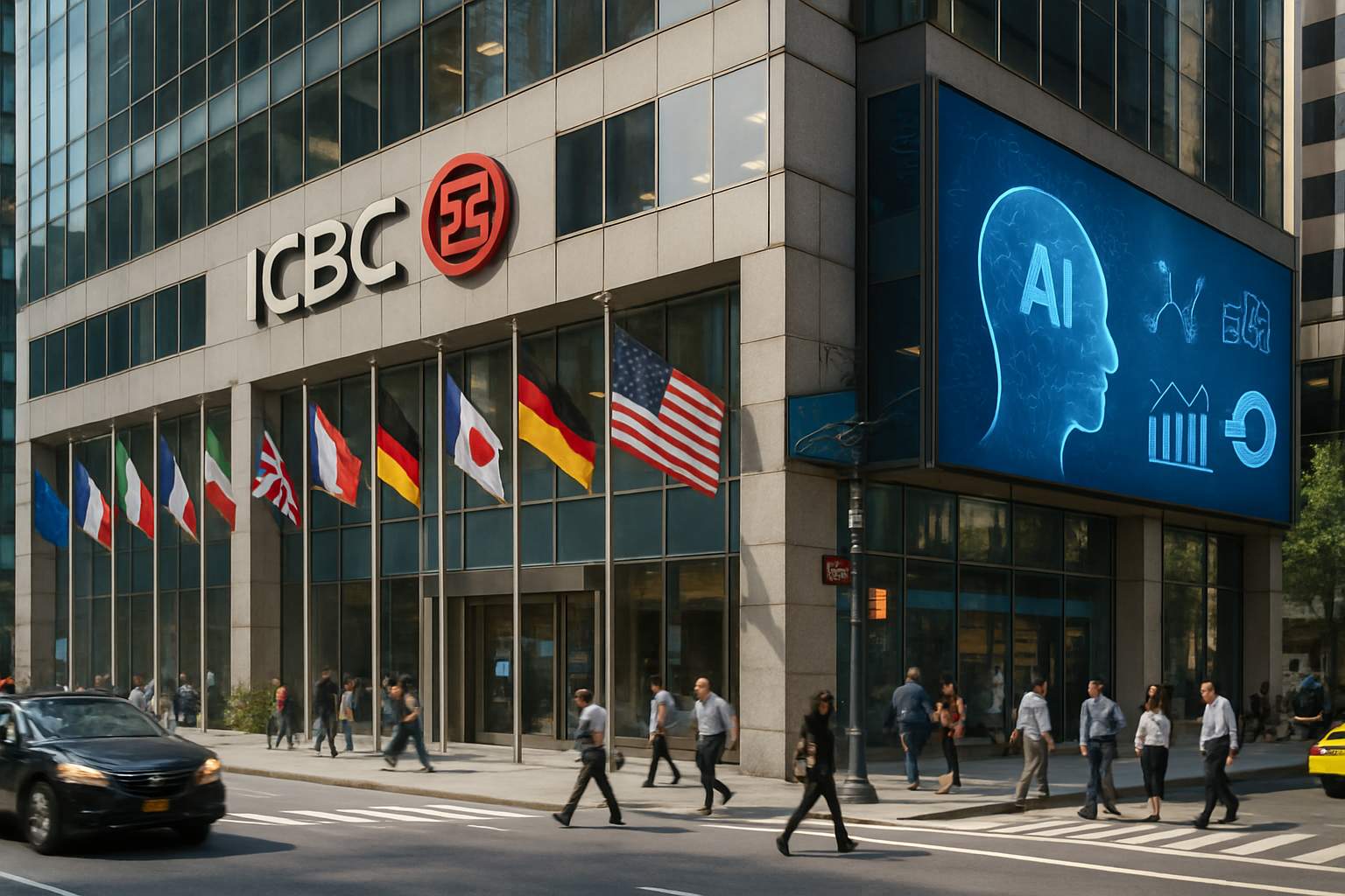 ICBC office with global Cross-Border Repo AI tech integration visuals.
