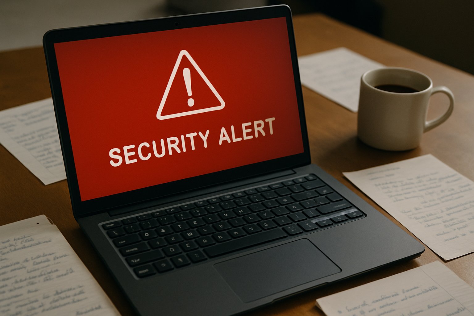 Laptop displaying Safety Safeguard Breach notification amidst office items.