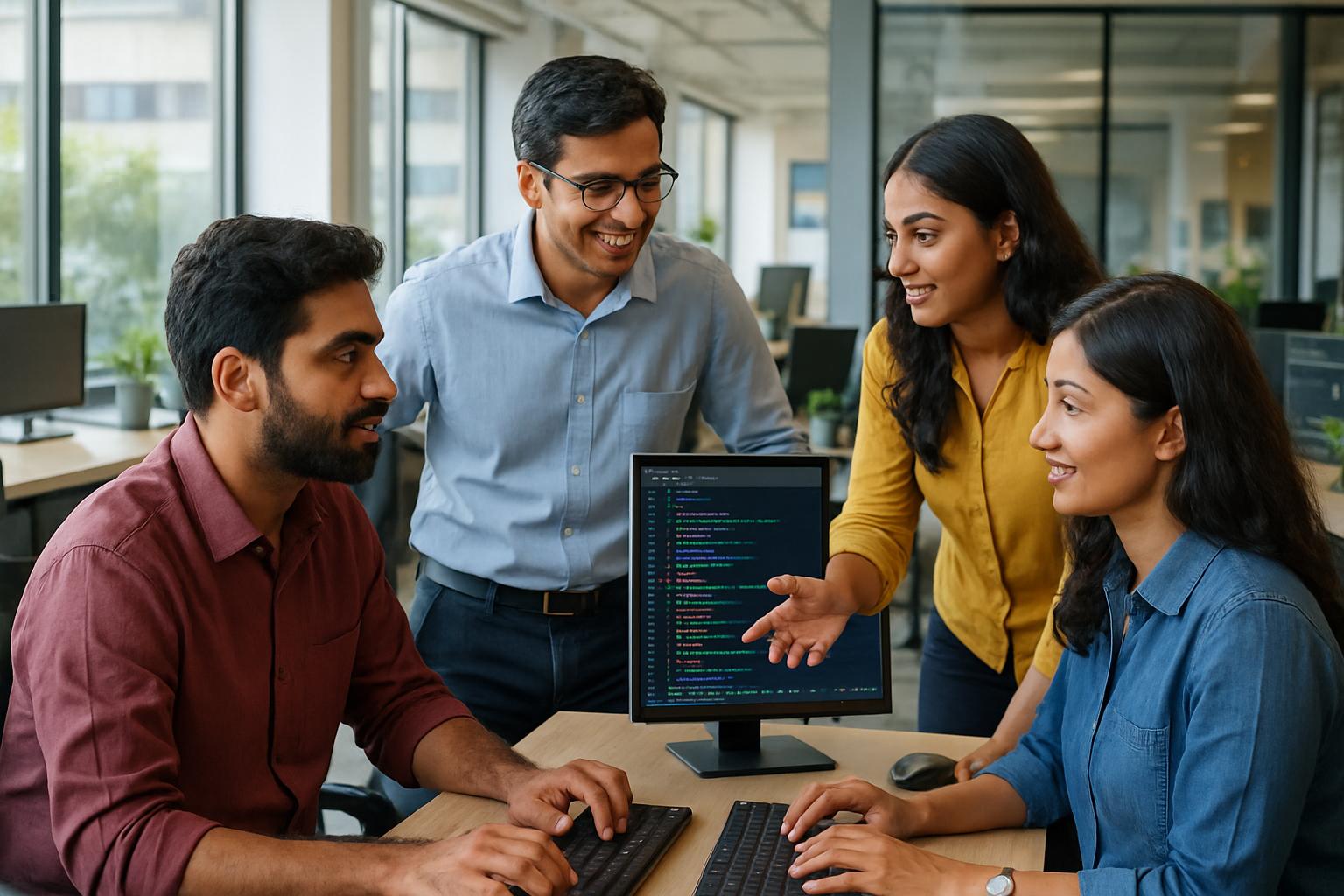 Indian engineers collaborating for the OpenAI India Deal in a tech office