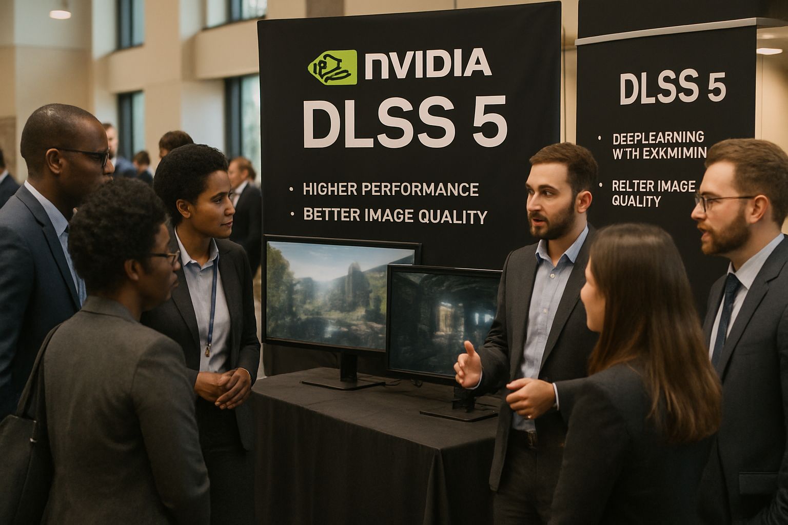 Industry professionals discussing generative graphics at conference.