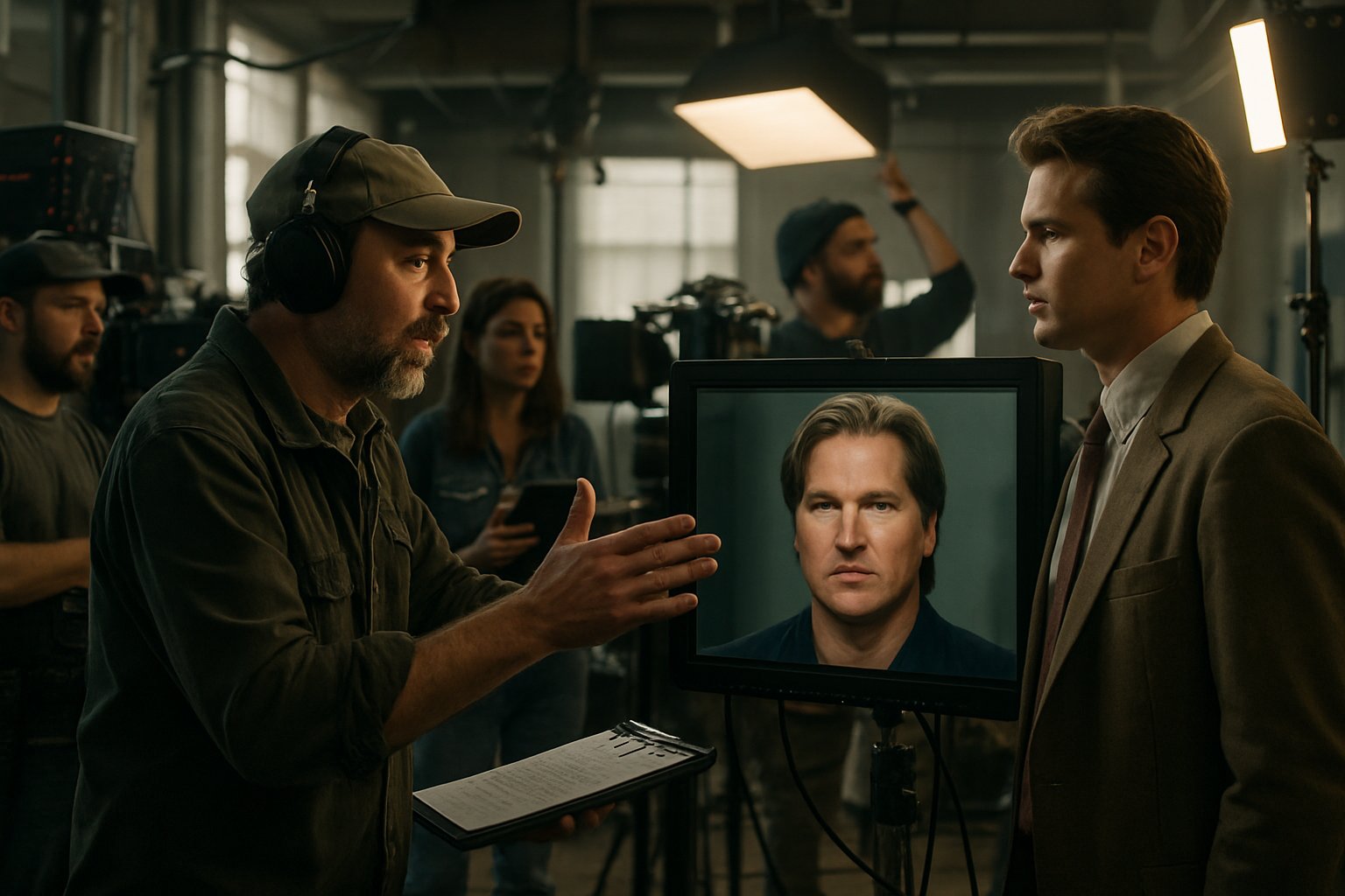 Posthumous AI Film in production with crew and Val Kilmer digital screen.