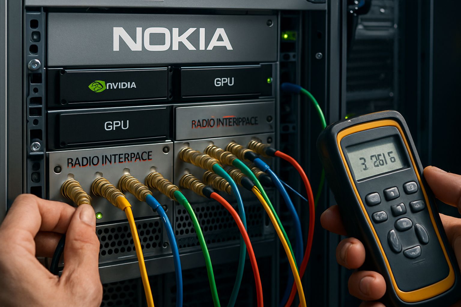 Nokia AI-RAN server rack with GPUs and radio interface cards