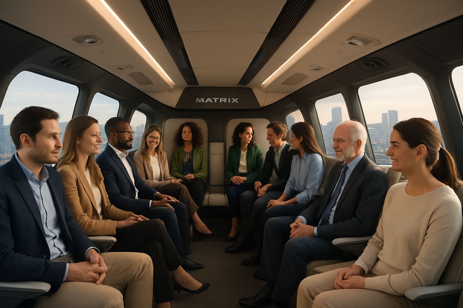 Matrix eVTOL interior with ten passengers in natural setting