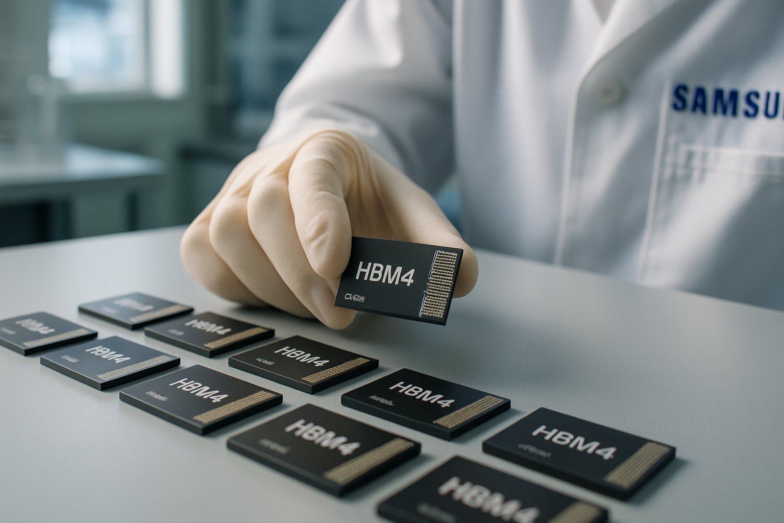 Technician examines HBM4 chip representing Samsung's AI Leadership in memory technology.