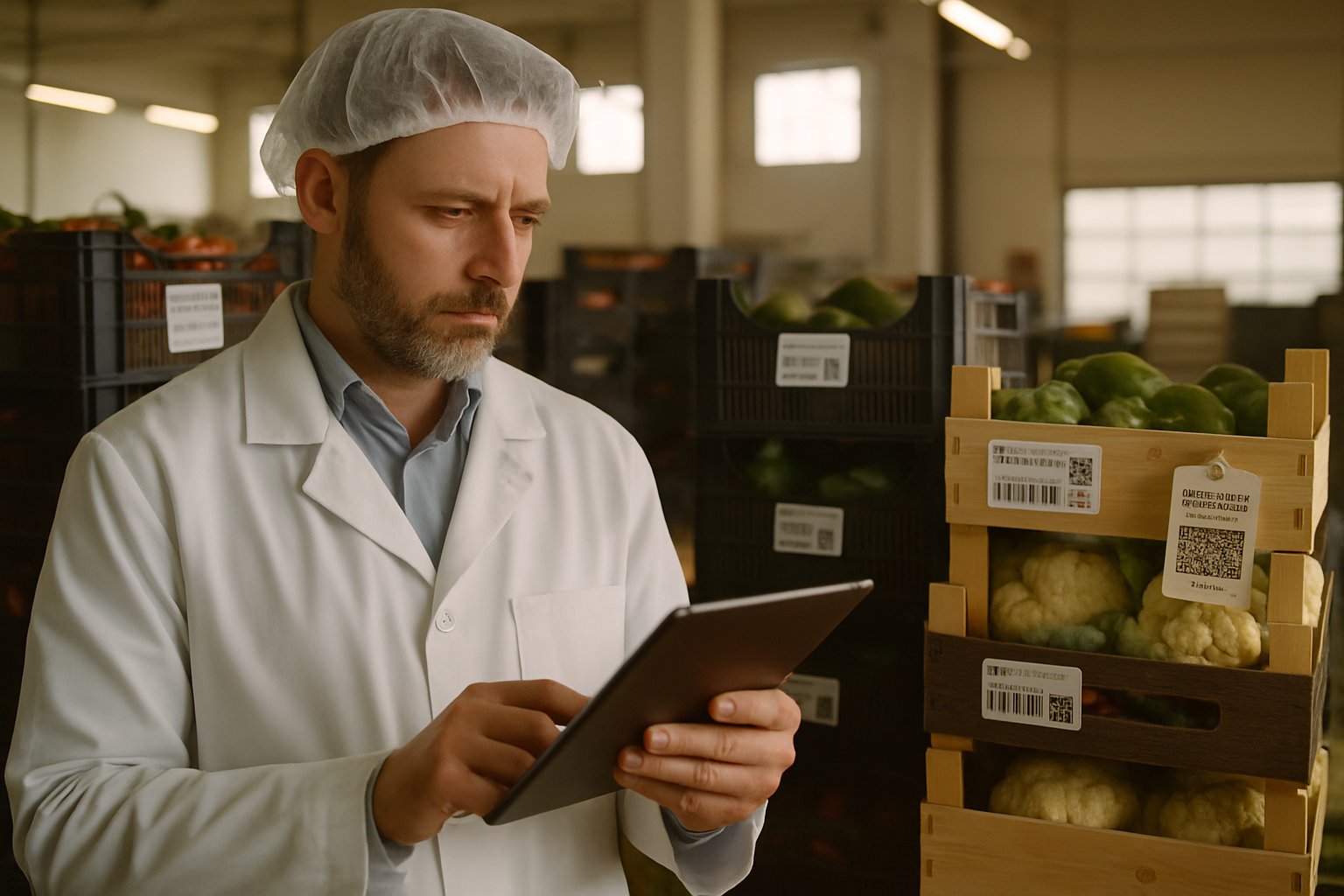 Supply Chain Oversight in warehouse with inspector tracking produce shipments.
