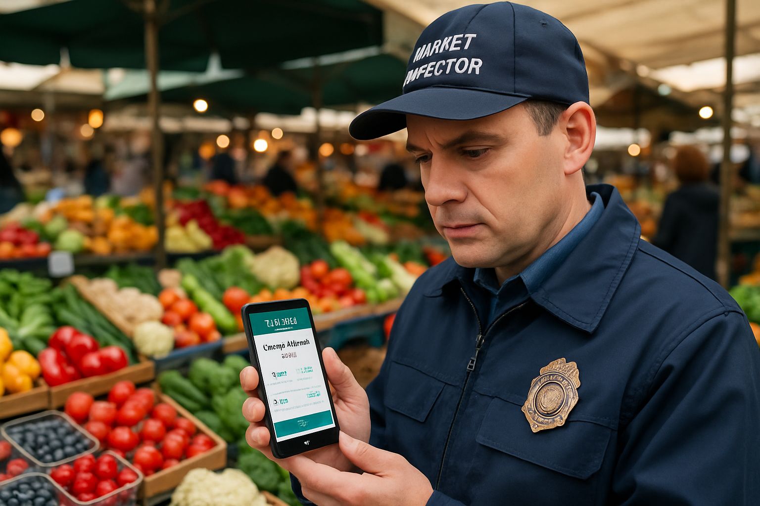 Inspector checking food authenticity using TraceMap Food AI at a European market.