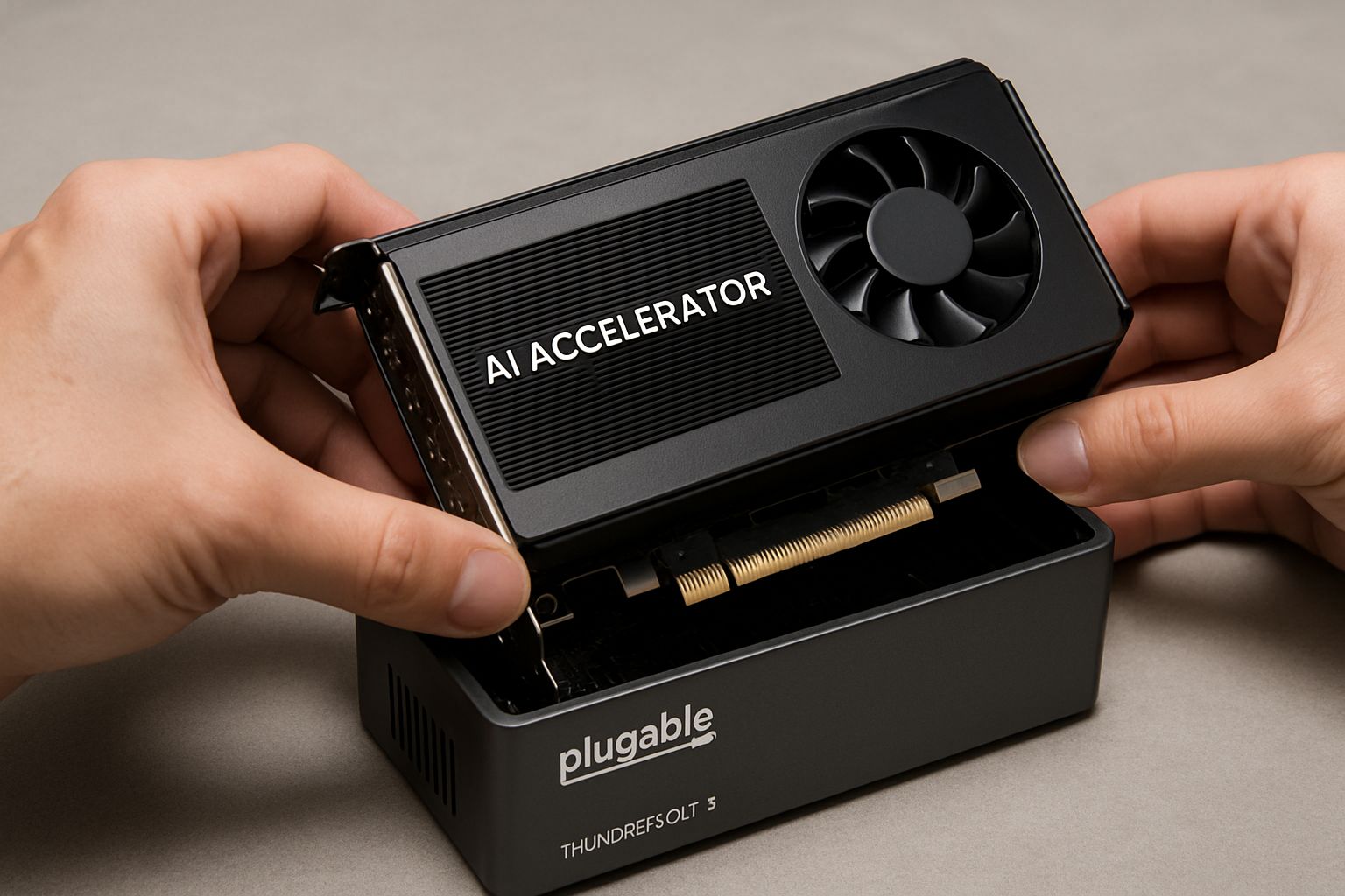 Hands installing AI accelerator for AI Local Inference in Thunderbolt 5 enclosure.