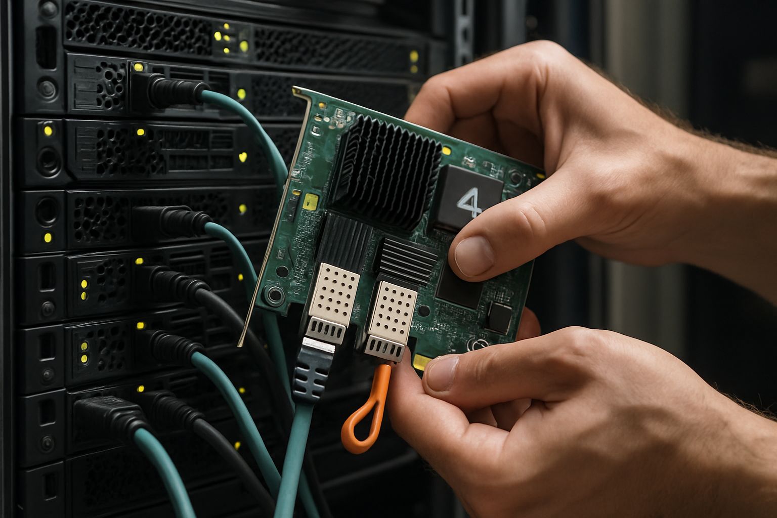 Close-up of AI Networking Hardware being installed in a data center.
