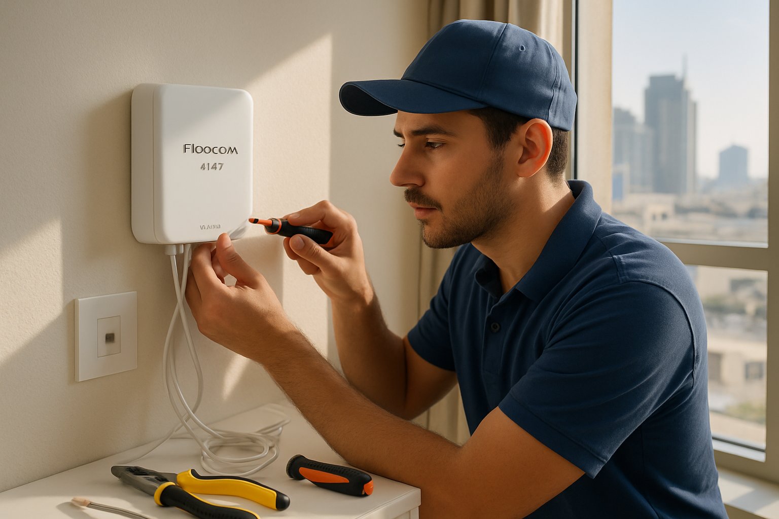 Technician sets up Fibocom AI CPE for advanced broadband in UAE apartment