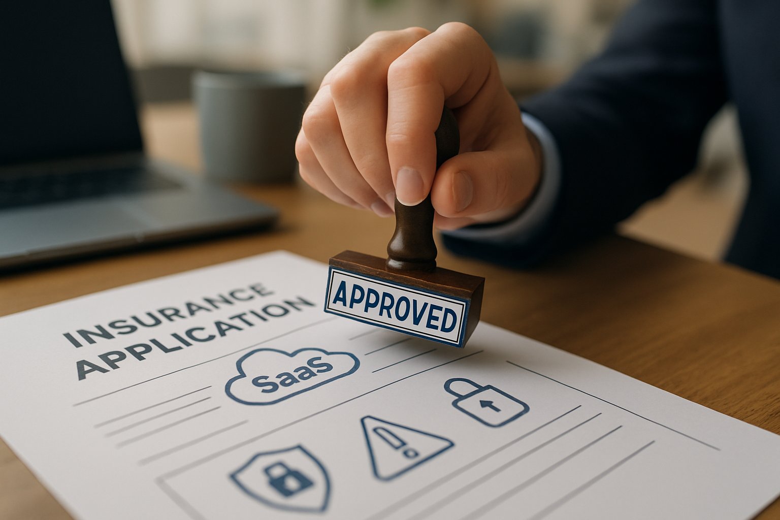 SaaS Cyber Liability insurance document stamped as approved by hand.