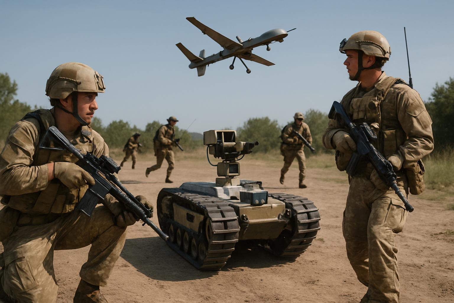 Military Autonomy in action with soldiers and unmanned vehicles during training.