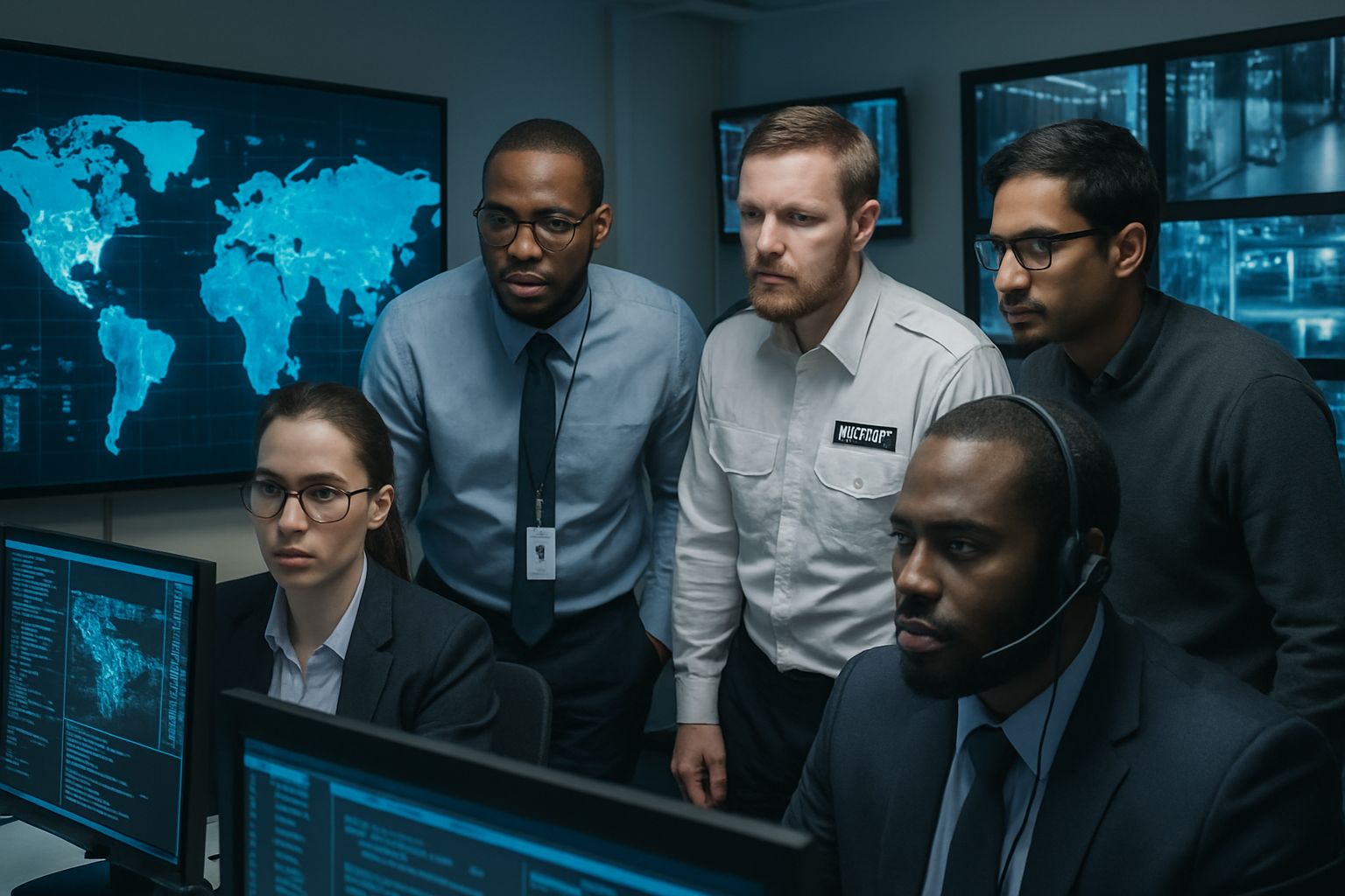 Cybersecurity team coordinating Geopolitical Asset Protection in data center control room.