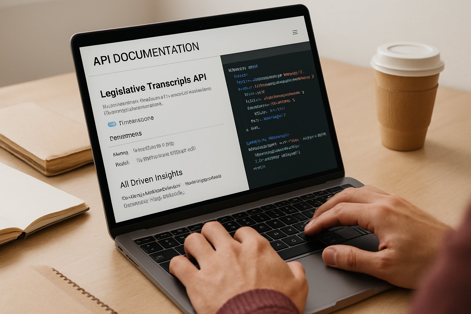 Developer integrating AI Policy Intelligence Transcript API on laptop with code visible.