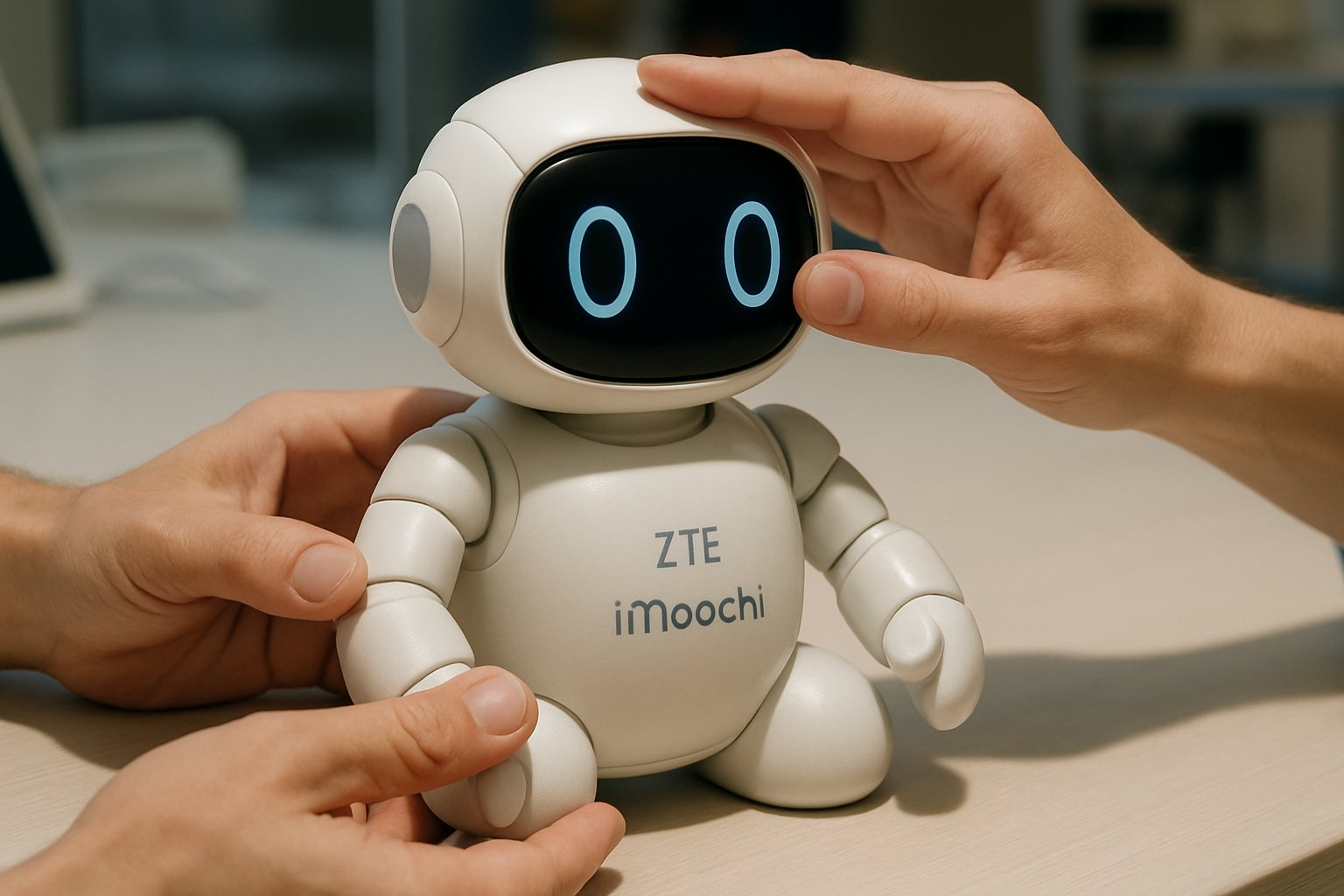Hands interacting with ZTE iMoochi tactile AI technology up close