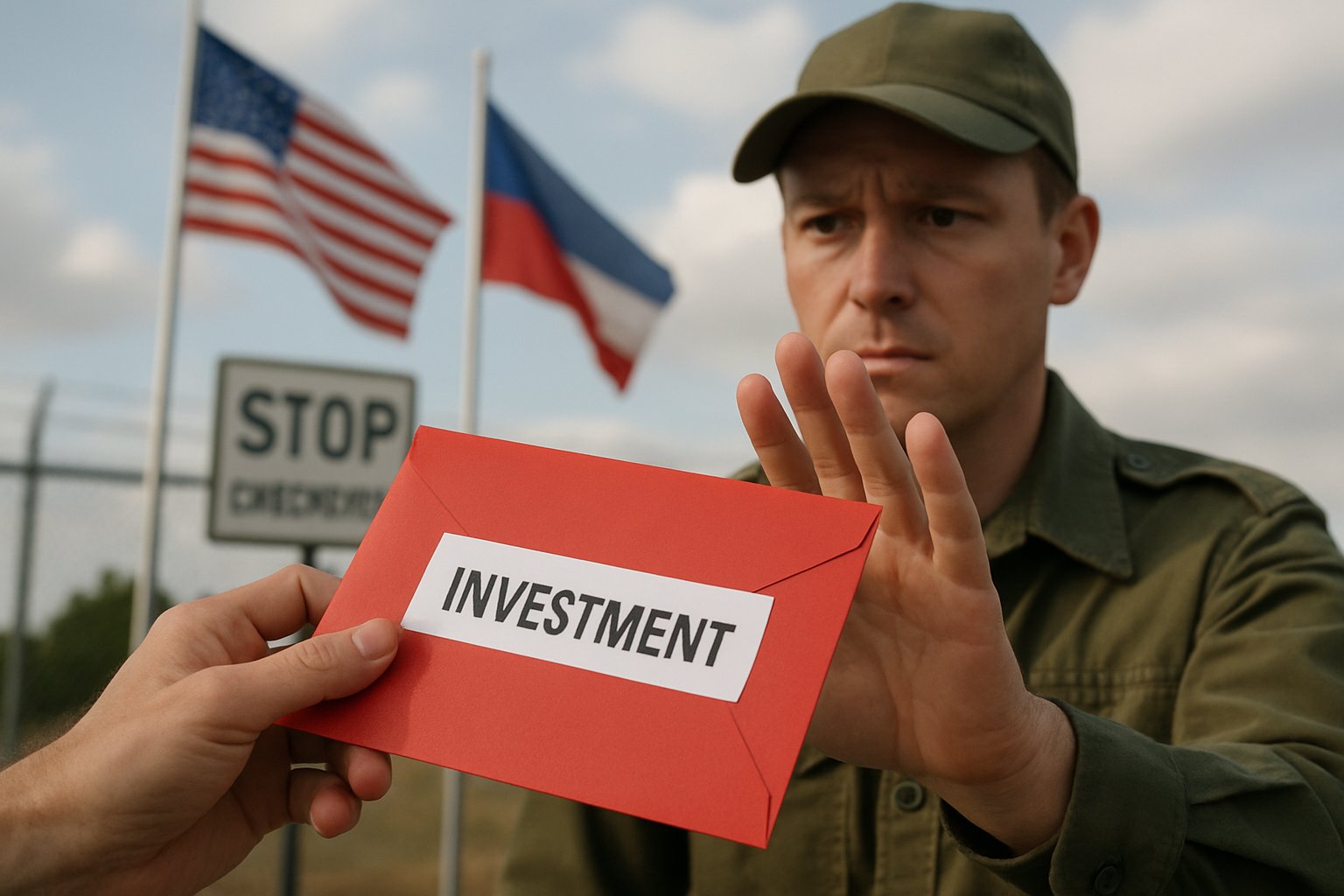 Foreign Capital Ban blocks international investment at border checkpoint.