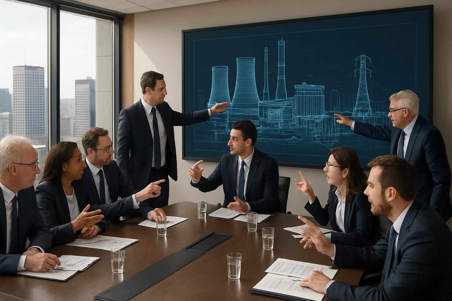 Energy experts and tech investors discuss Power Plant project in conference room.
