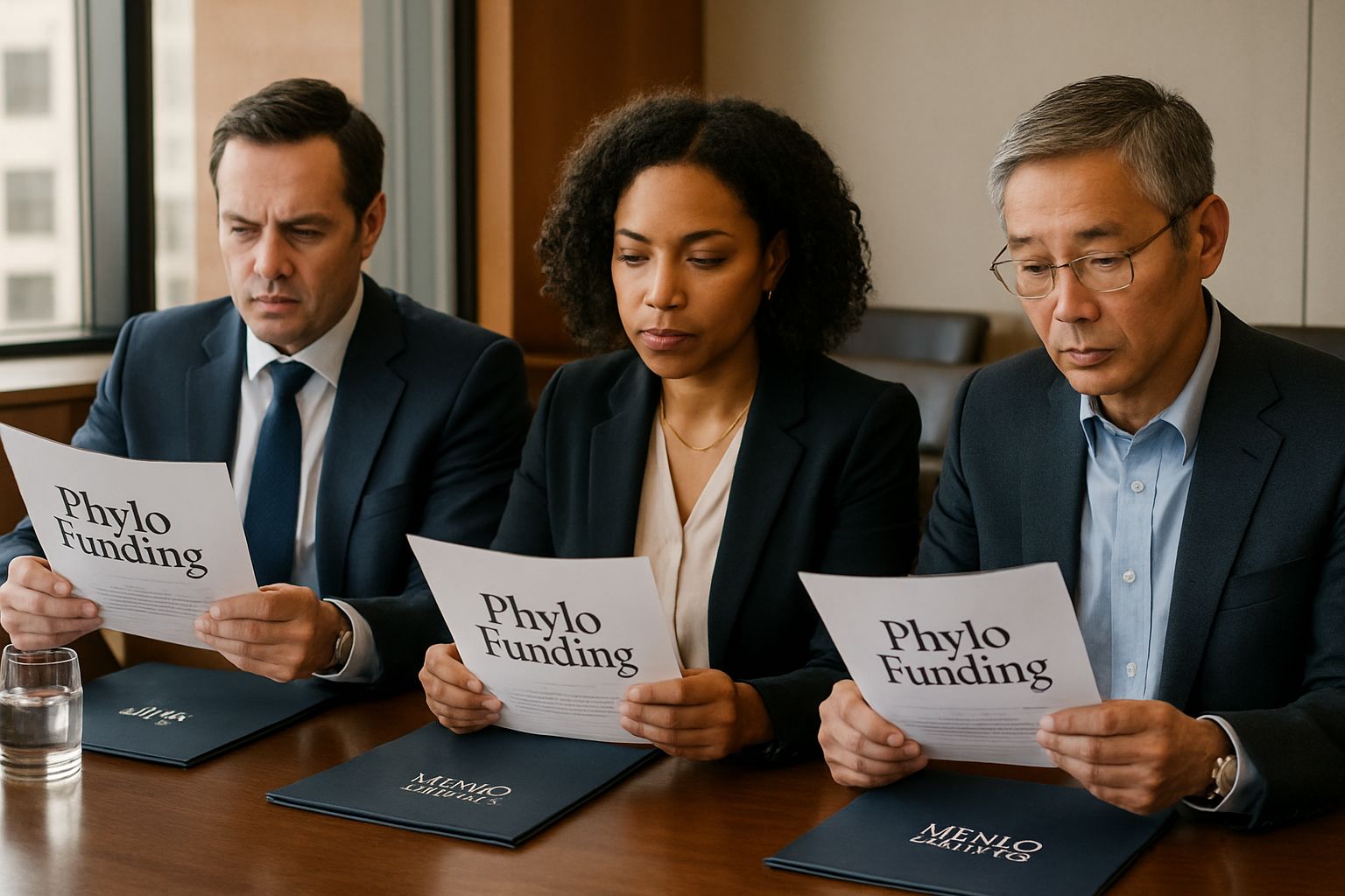 Investors reviewing Phylo Funding pitch with a16z and Menlo Partners branding.