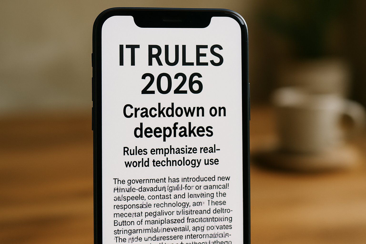 Smartphone showing IT Rules 2026 news article about deepfake crackdown.