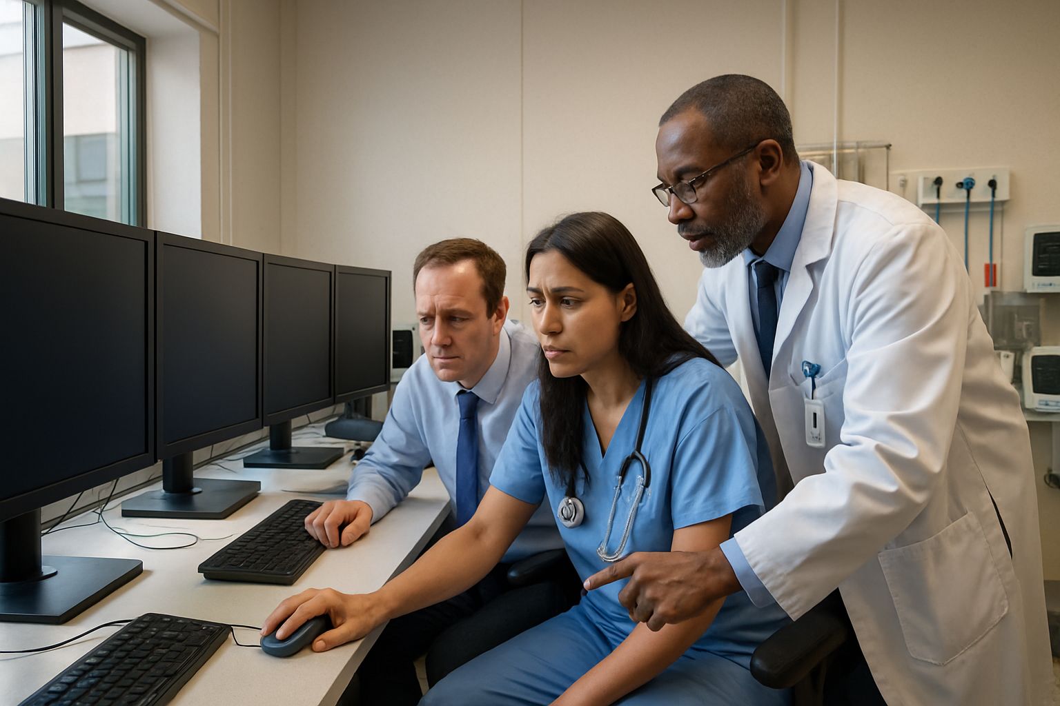 Digital Darkness disrupts hospital operations in control room with blank monitors.