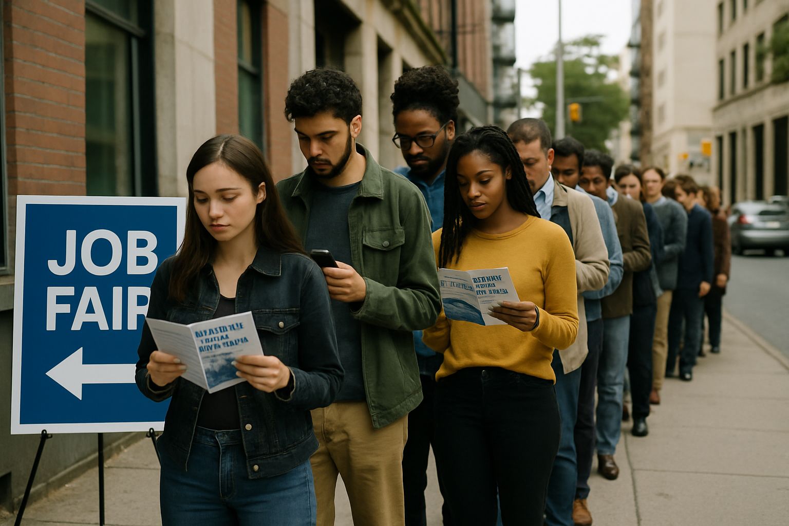 Job seekers showing Technological Unemployment Anxiety at a job fair discussing automation.