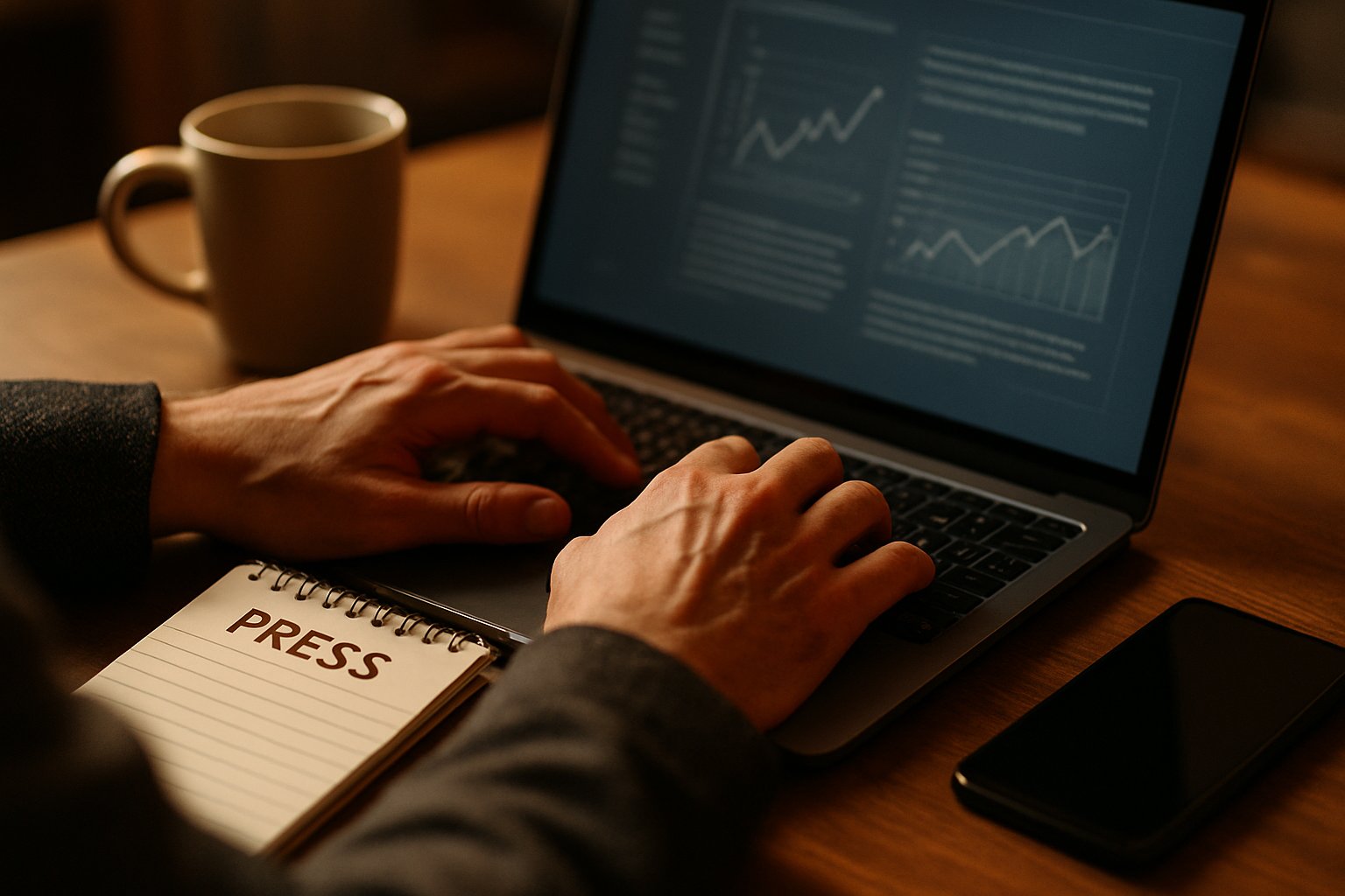 AI Journalism depicted by journalist's hands typing with AI features in background.