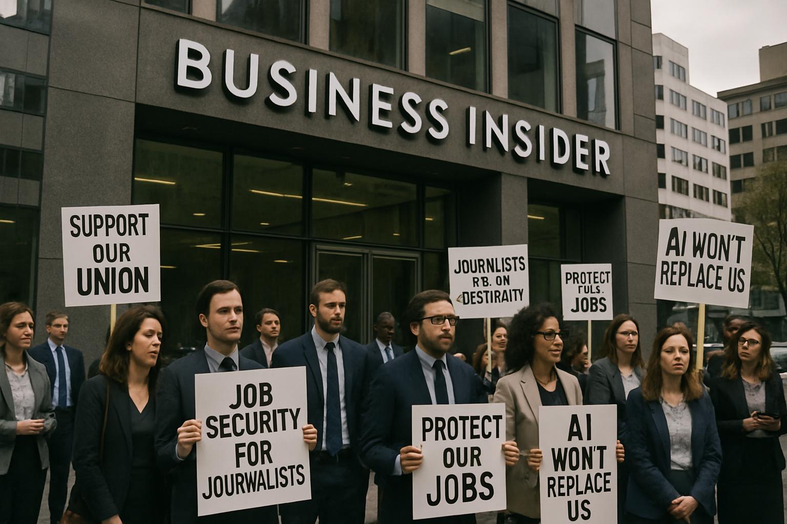 Protesting journalists highlight Journalistic Job Displacement outside Business Insider offices.