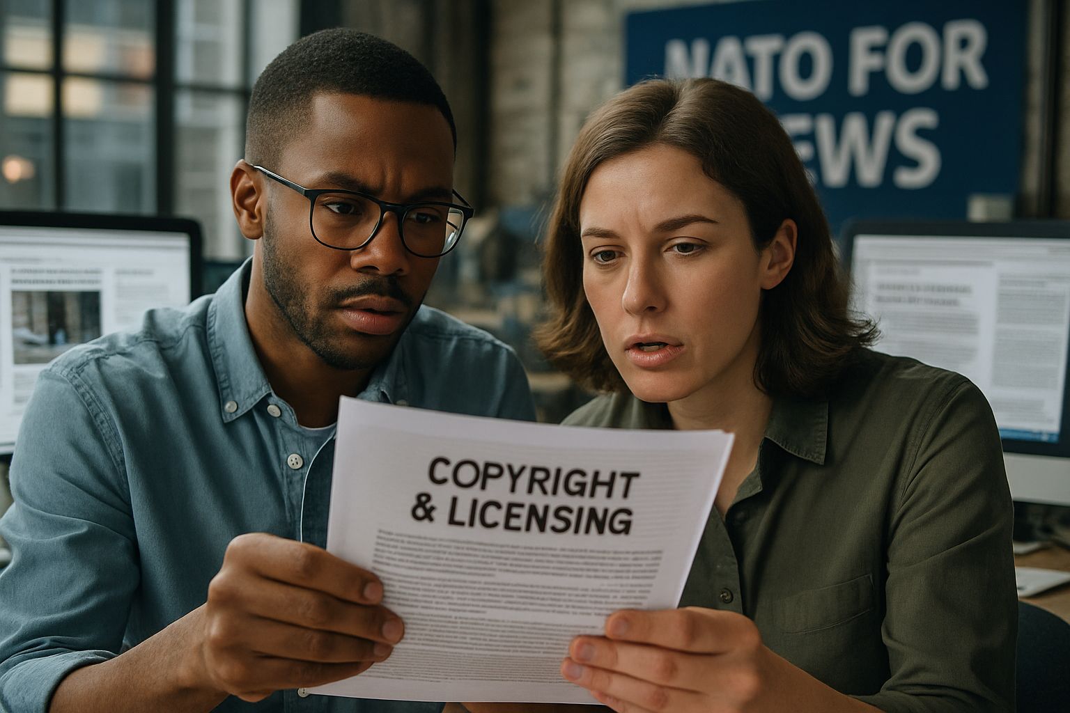 Journalists review licensing documents for NATO for News requirements.