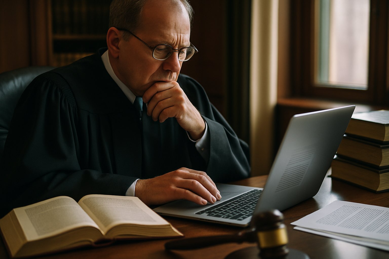 Judge reviews AI-focused documents to improve Judicial Literacy Standards.