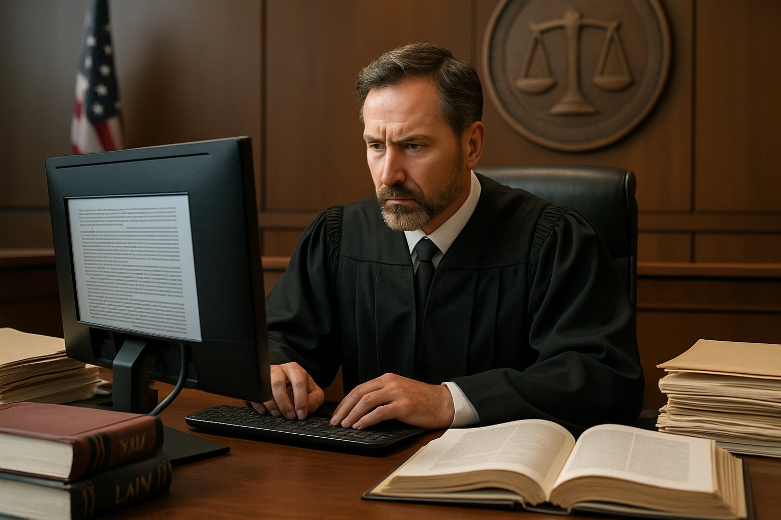 Judge assessing Judicial Hallucination Risk in a technology-driven courtroom.
