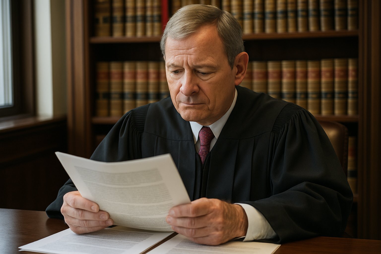 Chief Justice reviews documents on Professional Career Disruption in law.