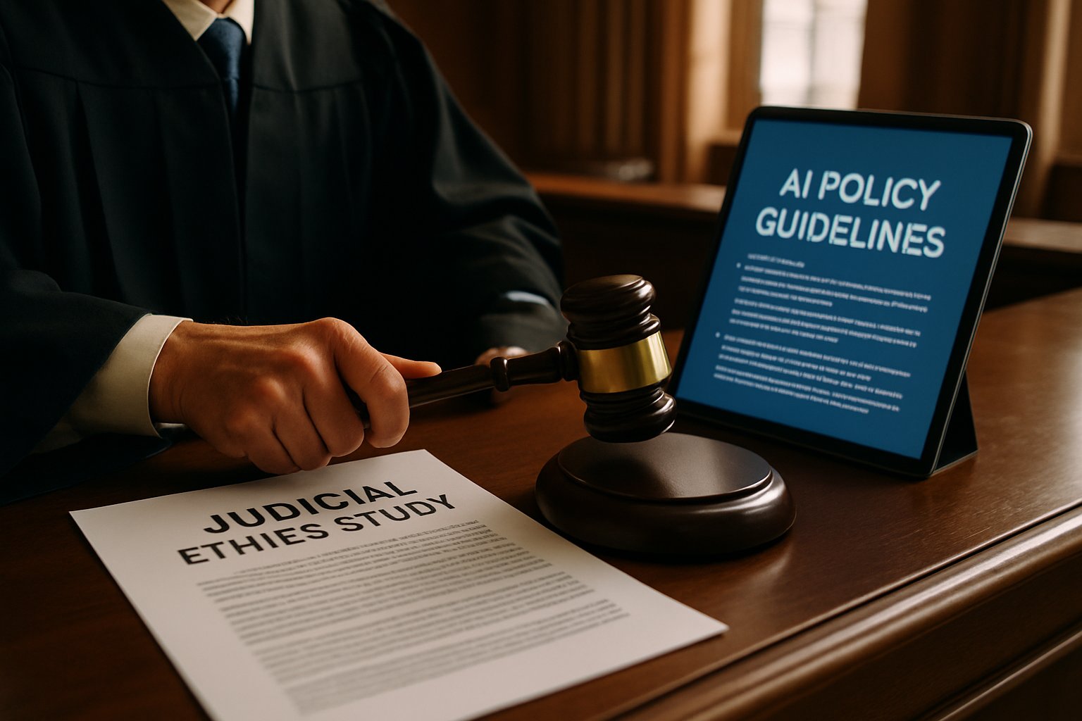 Judicial Ethics Study document and technology on a judge’s bench