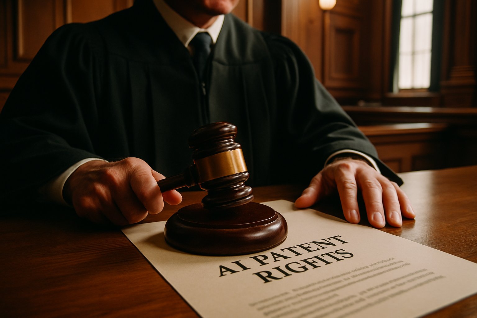 Judge examining AI Patent Rights paperwork in UK courtroom.