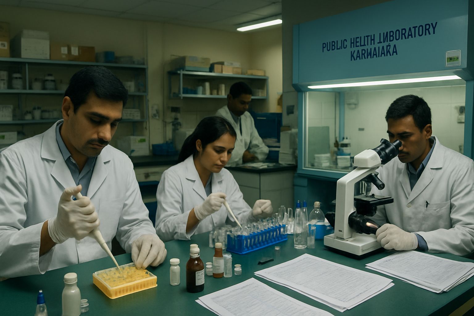 Public Health laboratory staff testing for leptospirosis in Karnataka.