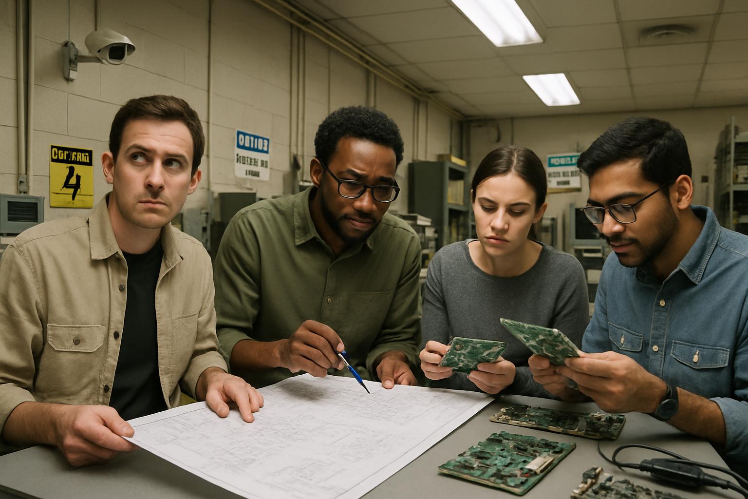 Engineers reviewing data for AI Corporate Espionage investigation in eVTOL sector.