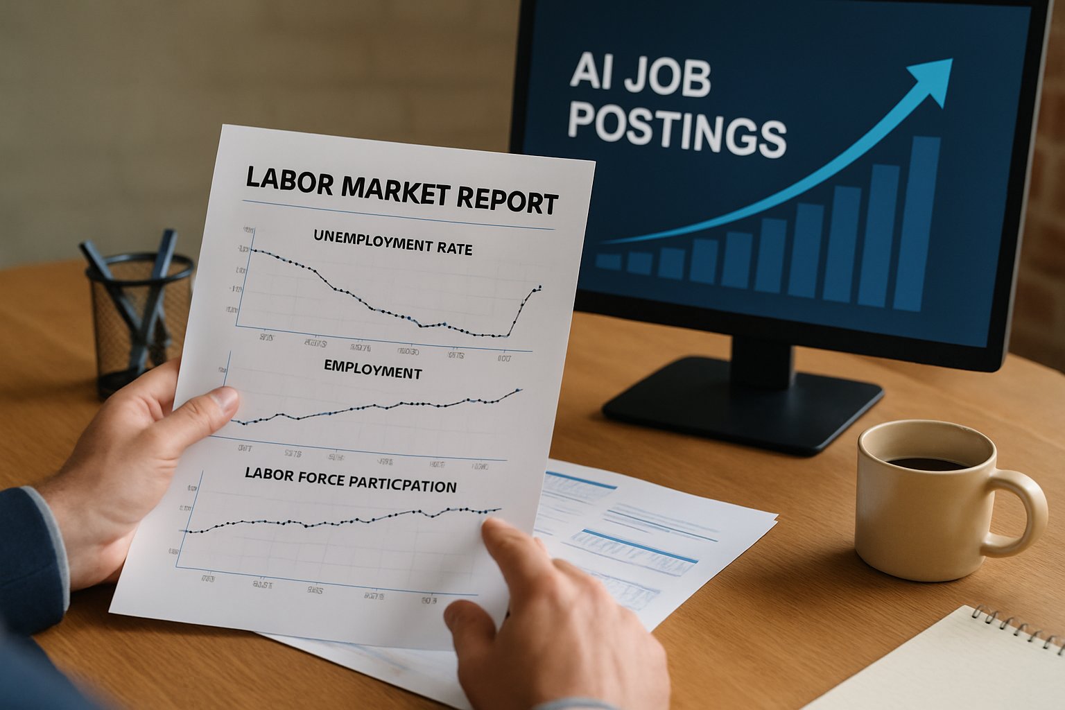 Professional analyzes labor market data illustrating AI Job Creation.
