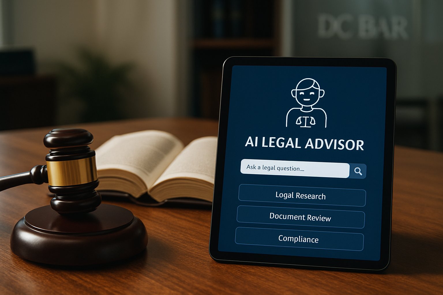 Professional Responsibility Frameworks visualized with gavel, law book, and AI tablet.