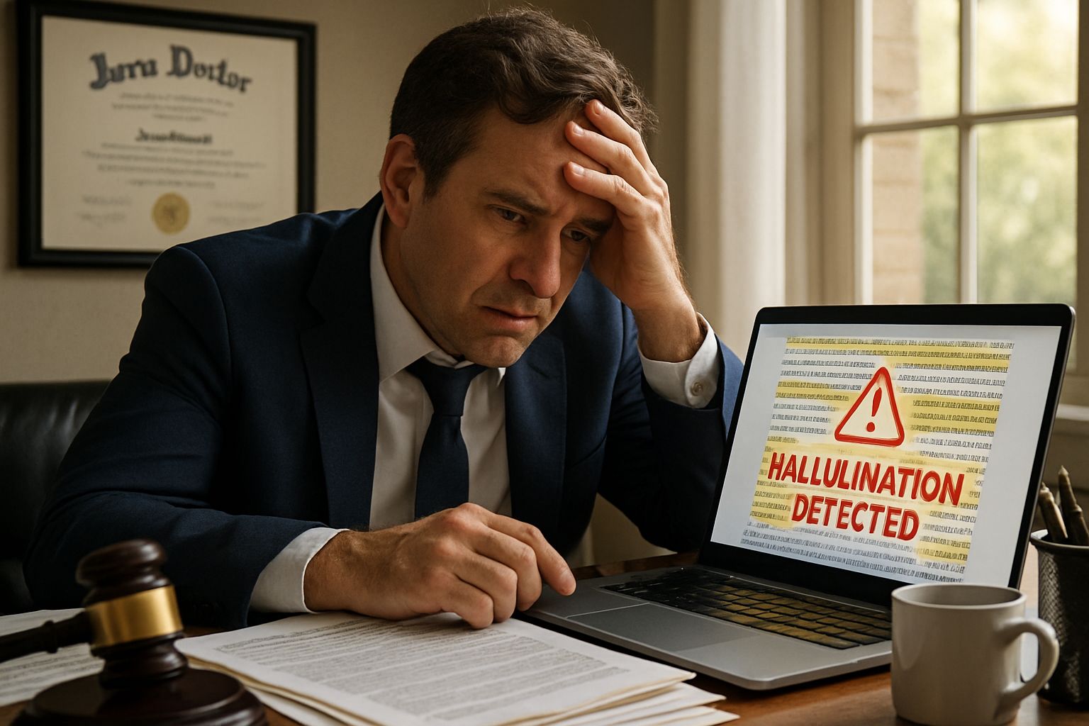 Lawyer navigates digital errors due to Judicial Hallucination Crisis in legal tech.