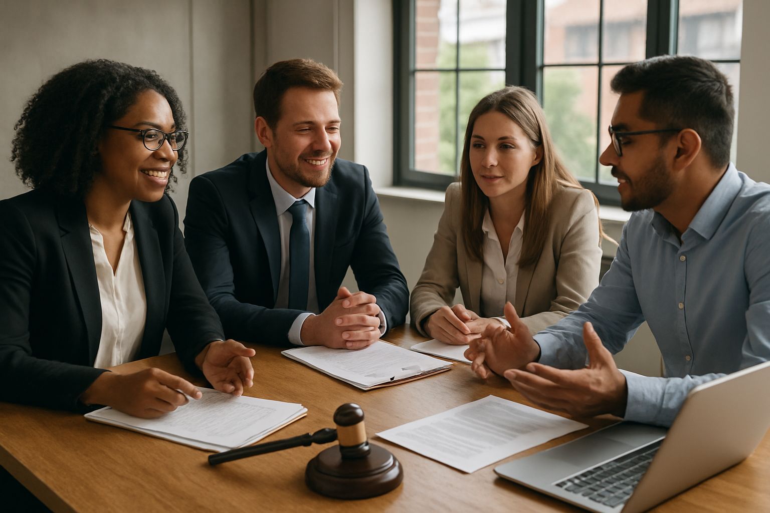 Legal team reviewing Transparency Probe Shield documents in meeting