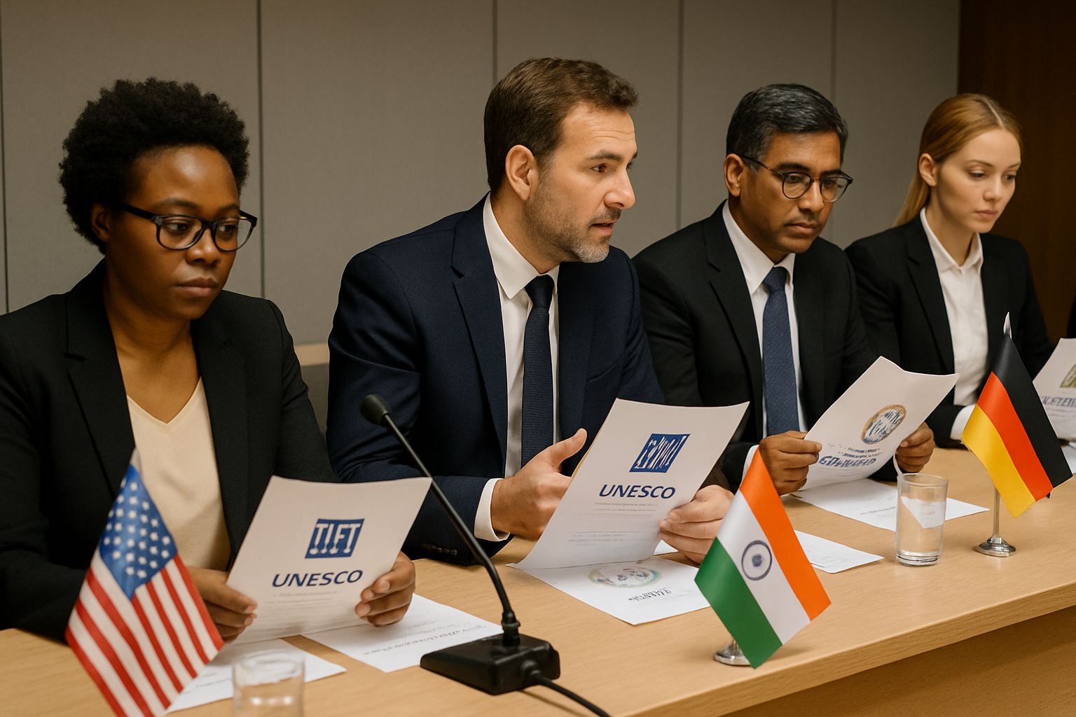 International delegates at Global Ethics Partnership conference with UNESCO involvement.