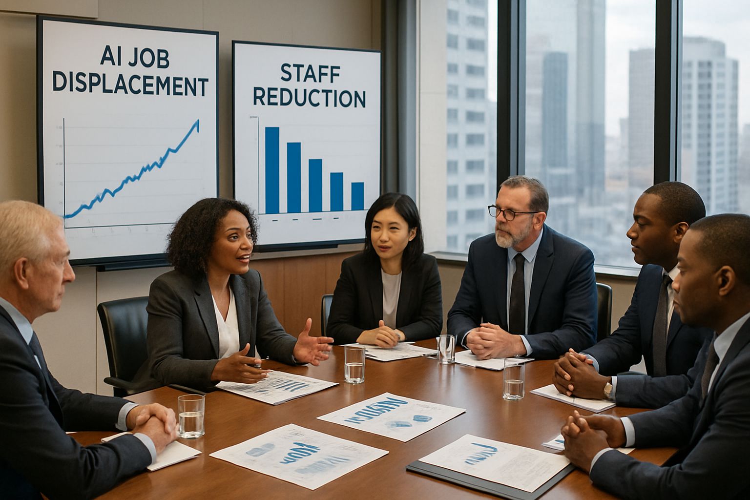Executives discussing AI Job Displacement workforce strategies.