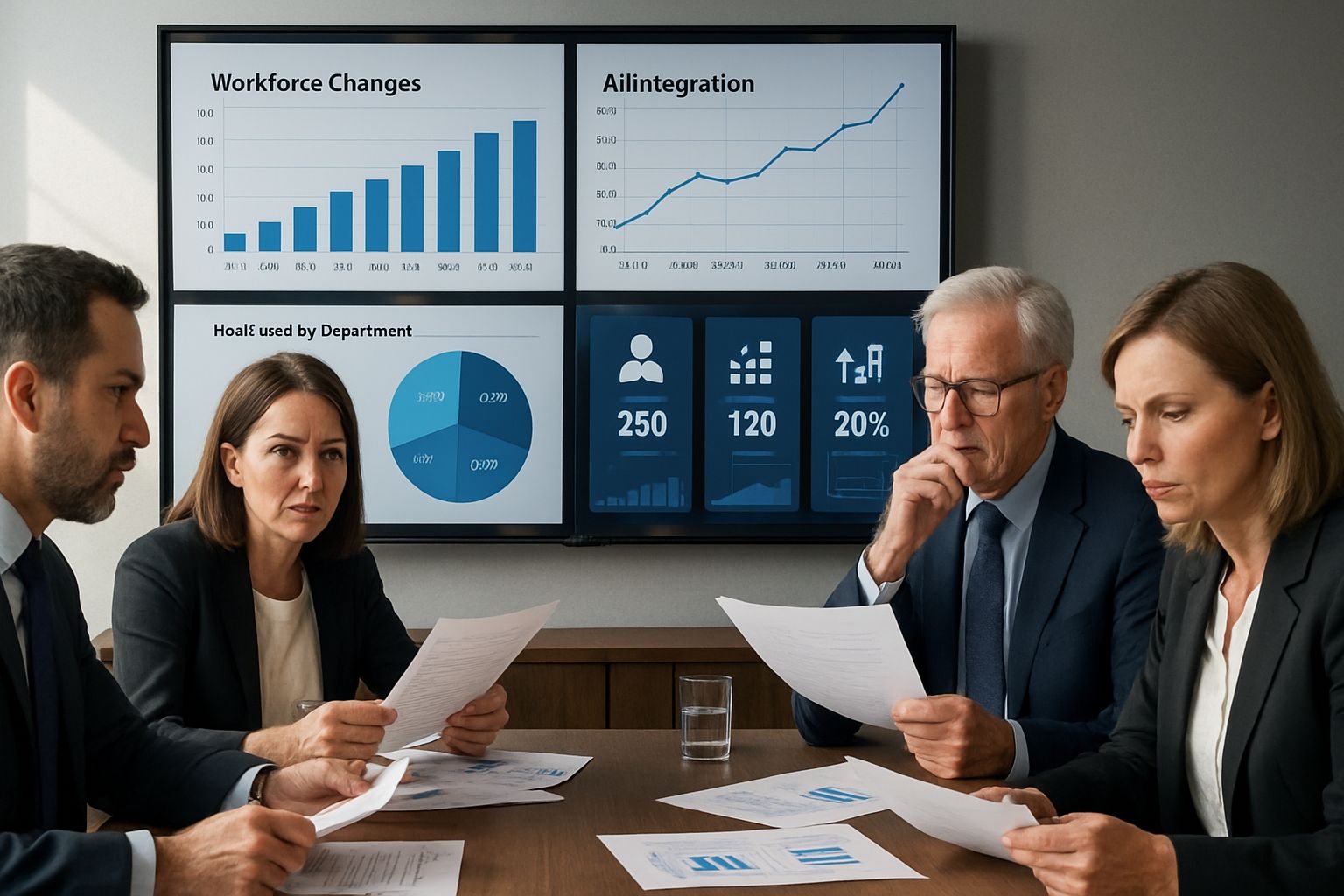 Executives analyzing AI impact and workforce displacement during business meeting.