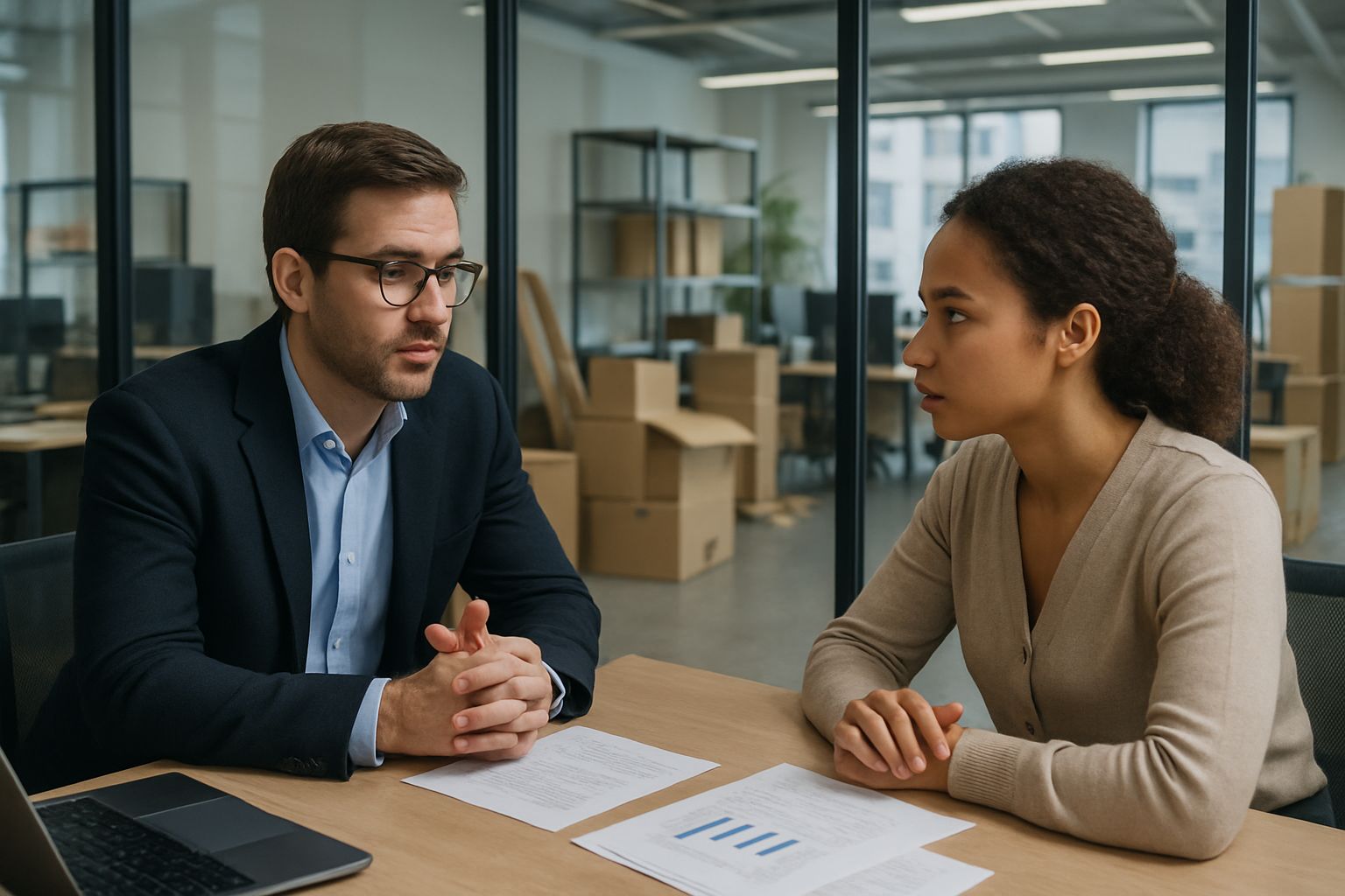 Manager discussing AI-Native Workforce Restructuring with employee in an office.